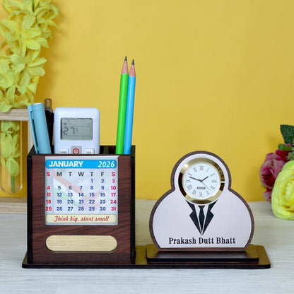Giftationery Pen Stand for Table with Wooden Desk Organiser, Table Clock, Pen Holder Wooden & Latest Calendar | Personalized Office Desk Organizer | Suit Brown