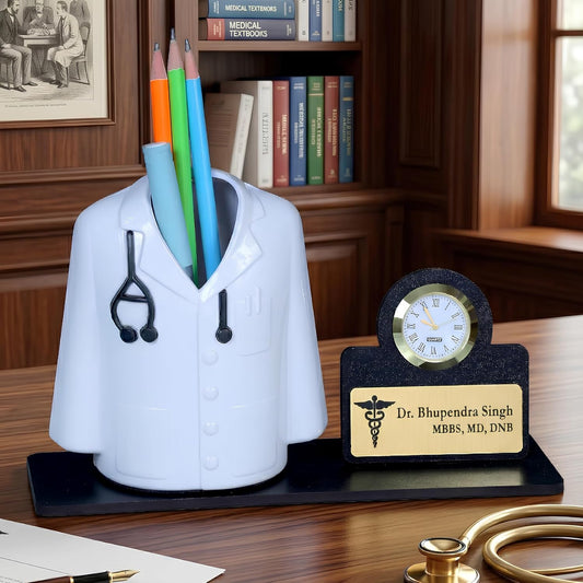 Giftationery Medical Theme Desk Organizer with clock - personalized gift to a doctor Pen Stand | Unique Apron/Coat Shape Pencil Holder | A gift to doctors female, male & Medical Aspirants