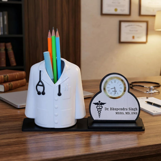 Personalized Doctor Coat Style Pen Holder with Clock & Name Plate | Desk Organizer Gift for Doctors