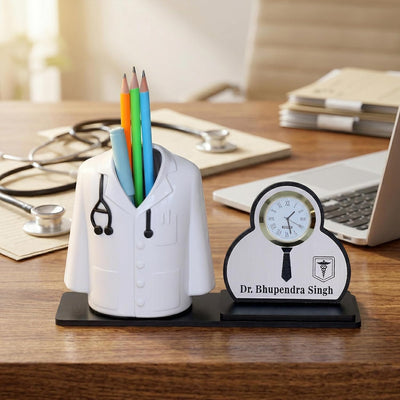 Personalized Doctor Pen Stand & Desk Organizer with Name Plate and Clock
