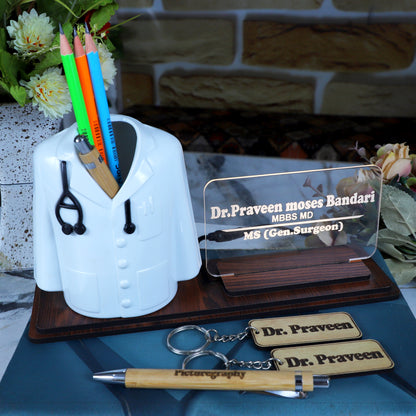 Doctor Coat Pen Stand with LED Name Plate, Wooden Base, Bamboo Pen & Personalized Wooden Keyring | Customized Desk Organizer for Doctors & Medical Aspirants | Apron Shape Pencil Holder