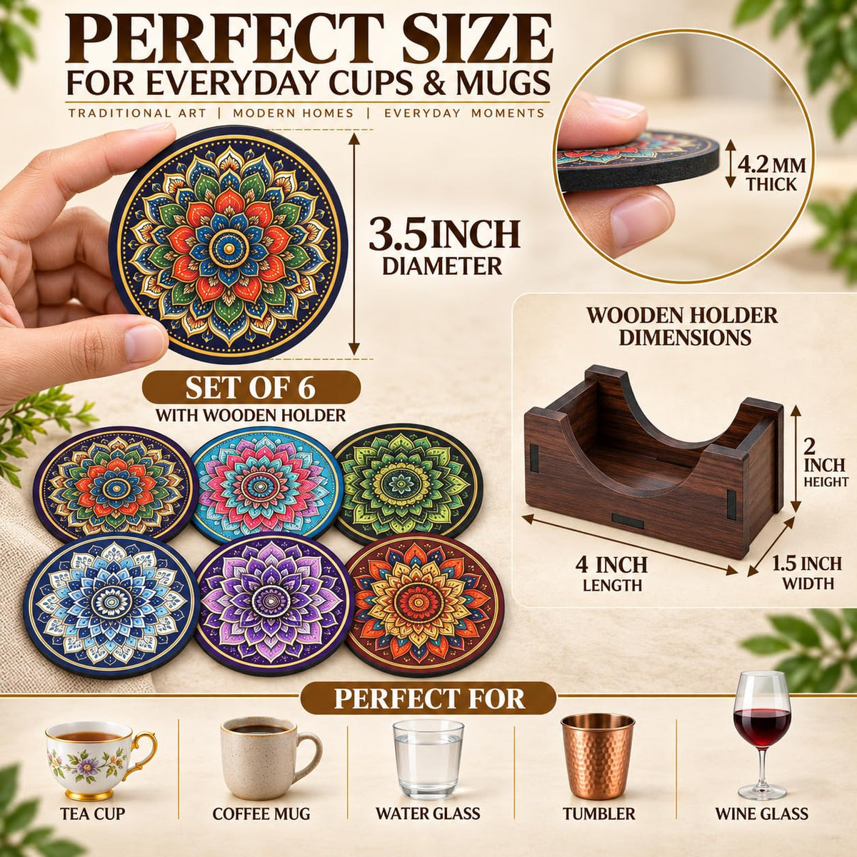 Mandala Tea Coasters Set of 6 with Wooden Stand – Round Printed Coasters for Cups, Mugs & Gifting, Multicolor