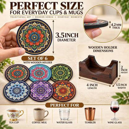 Mandala Tea Coasters Set of 6 with Wooden Stand – Round Printed Coasters for Cups, Mugs & Gifting, Multicolor