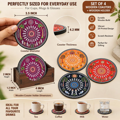 Warli Art Tea Coasters Set of 4 with Wooden Stand – Round Printed Coasters for Cups, Mugs & Gifting, Multicolor