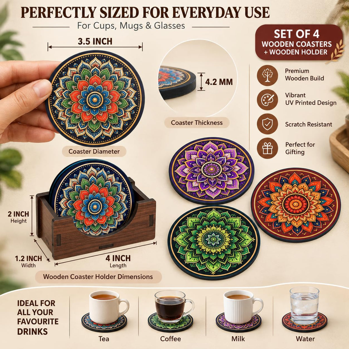 Mandala Tea Coasters Set of 4 with Wooden Stand – Round Printed Coasters for Cups, Mugs & Gifting, Multicolor