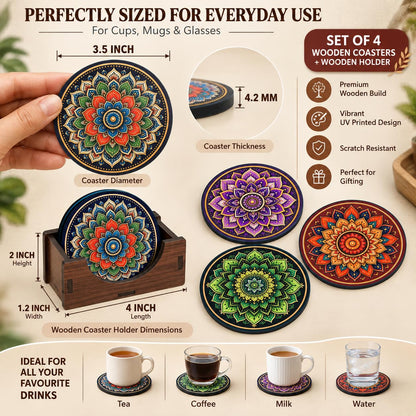 Mandala Tea Coasters Set of 4 with Wooden Stand – Round Printed Coasters for Cups, Mugs & Gifting, Multicolor