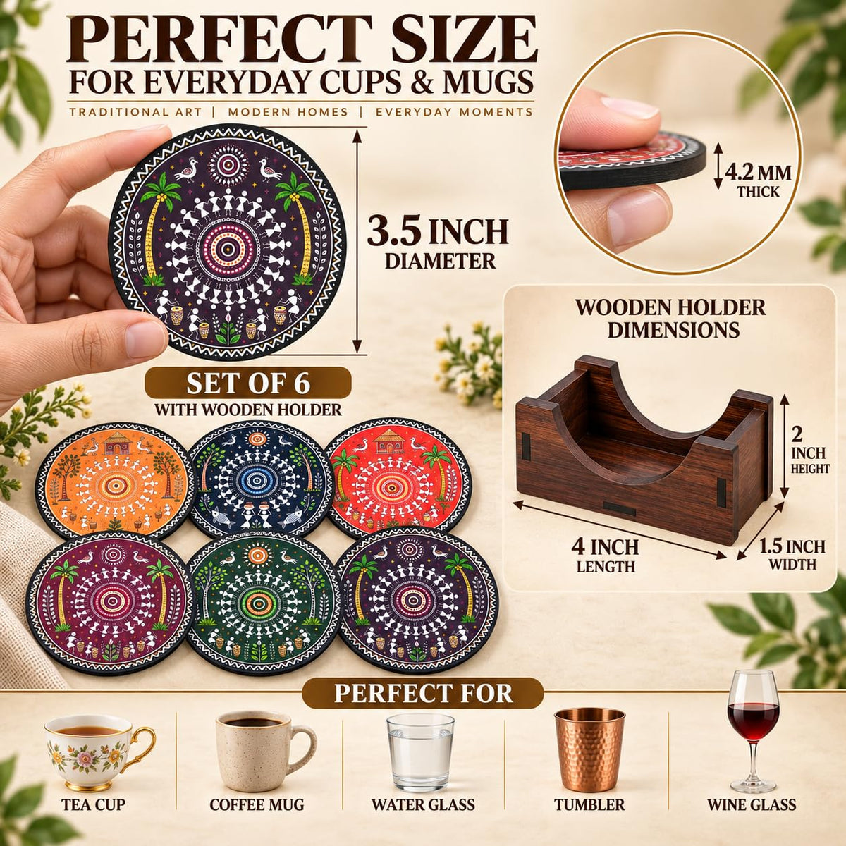 Warli Art Tea Coasters Set of 6 with Wooden Stand – Round Printed Coasters for Cups, Mugs & Gifting, Multicolor