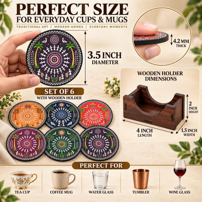 Warli Art Tea Coasters Set of 6 with Wooden Stand – Round Printed Coasters for Cups, Mugs & Gifting, Multicolor
