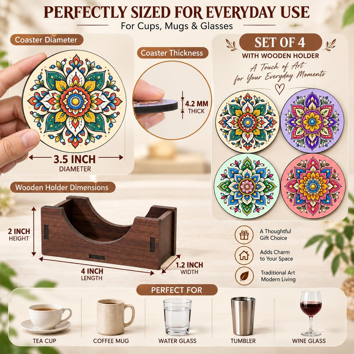 Pastel Mandala Tea Coasters Set of 4 with Wooden Stand – Round Printed Coasters for Cups, Mugs & Gifting, Multicolor