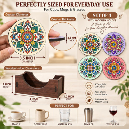 Pastel Mandala Tea Coasters Set of 4 with Wooden Stand – Round Printed Coasters for Cups, Mugs & Gifting, Multicolor