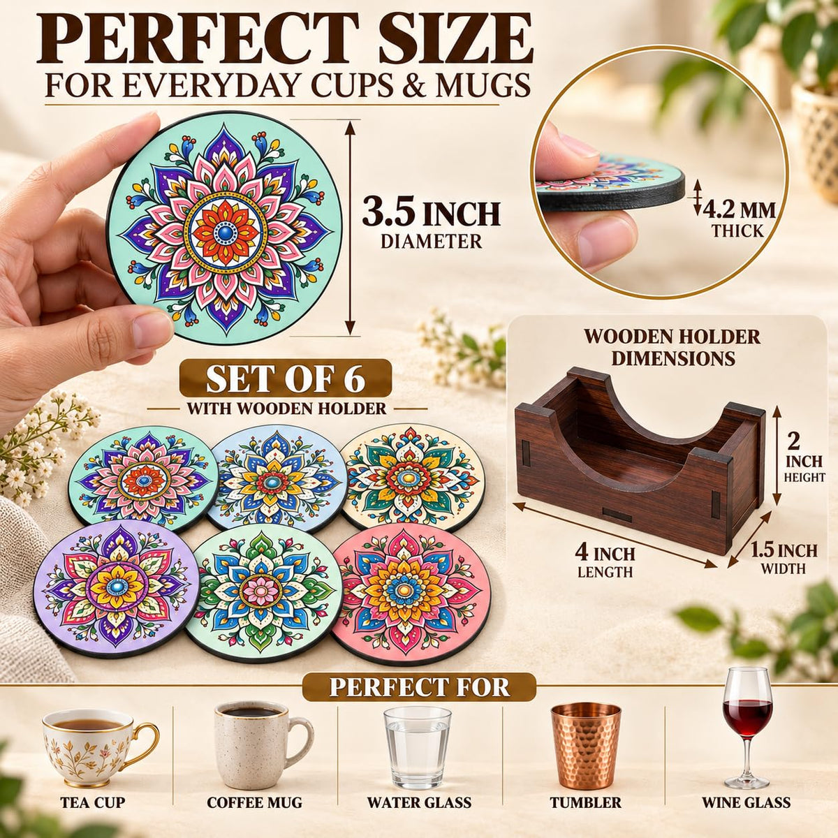 Pastel Mandala Tea Coasters Set of 6 with Wooden Stand – Round Printed Coasters for Cups, Mugs & Gifting, Multicolor