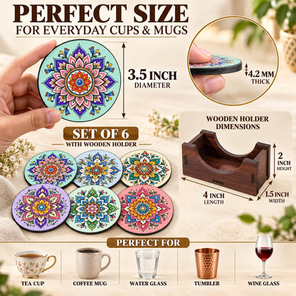 Pastel Mandala Tea Coasters Set of 6 with Wooden Stand – Round Printed Coasters for Cups, Mugs & Gifting, Multicolor