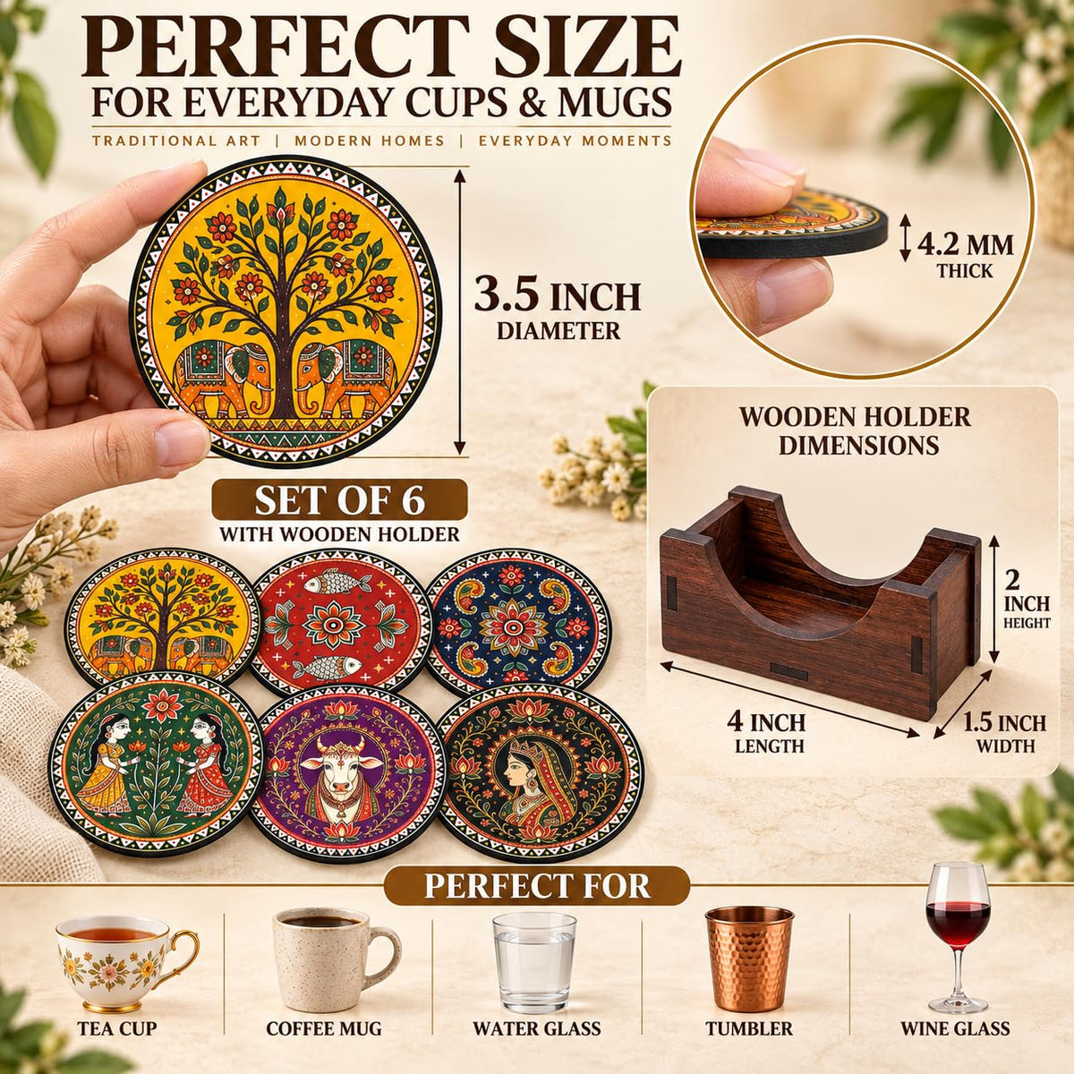 Indian Folk Art Tea Coasters Set of 6 with Wooden Stand – Round Printed Coasters for Cups, Mugs & Gifting, Multicolor
