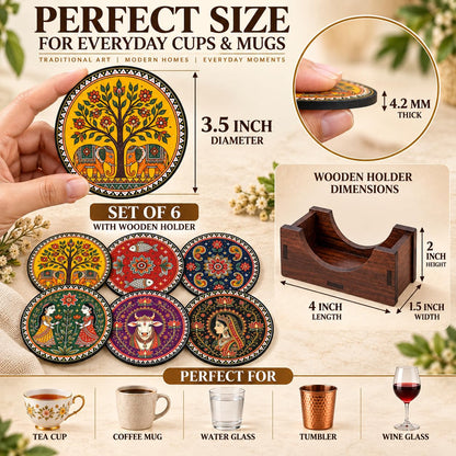 Indian Folk Art Tea Coasters Set of 6 with Wooden Stand – Round Printed Coasters for Cups, Mugs & Gifting, Multicolor