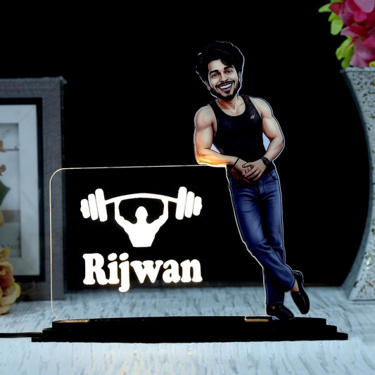 Personalized LED Caricature Name Plate for Men in Gym Sando Style | Custom Photo Bodybuilder Desk Decor Gift for Husband, Boyfriend & Brother