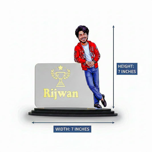 Personalized LED Caricature Name Plate for Men in Red Jacket | Custom Photo Bodybuilder Desk Decor Gift for Husband, Boyfriend & Brother