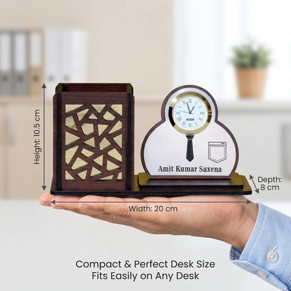 Personalized Wooden Desk Organizer with Clock & Shirt Name Plate | Office Table Organizer | Customised Gift for Men | Pen Stand Stationery Holder | Desktop Organizer Accessories - Shirt Brown