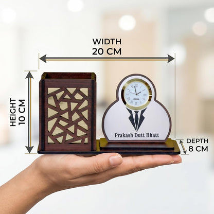 Personalized Wooden Desk Organizer with Clock & Suit Name Plate | Corporate Gift for Professionals | Executive Office Table Organizer | Customised Pen Stand Holder | Desk Decor - Suit Brown