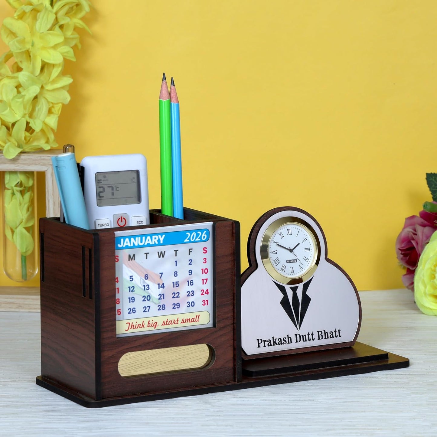 Giftationery Pen Stand for Table with Wooden Desk Organiser, Table Clock, Pen Holder Wooden & Latest Calendar | Personalized Office Desk Organizer | Suit Brown