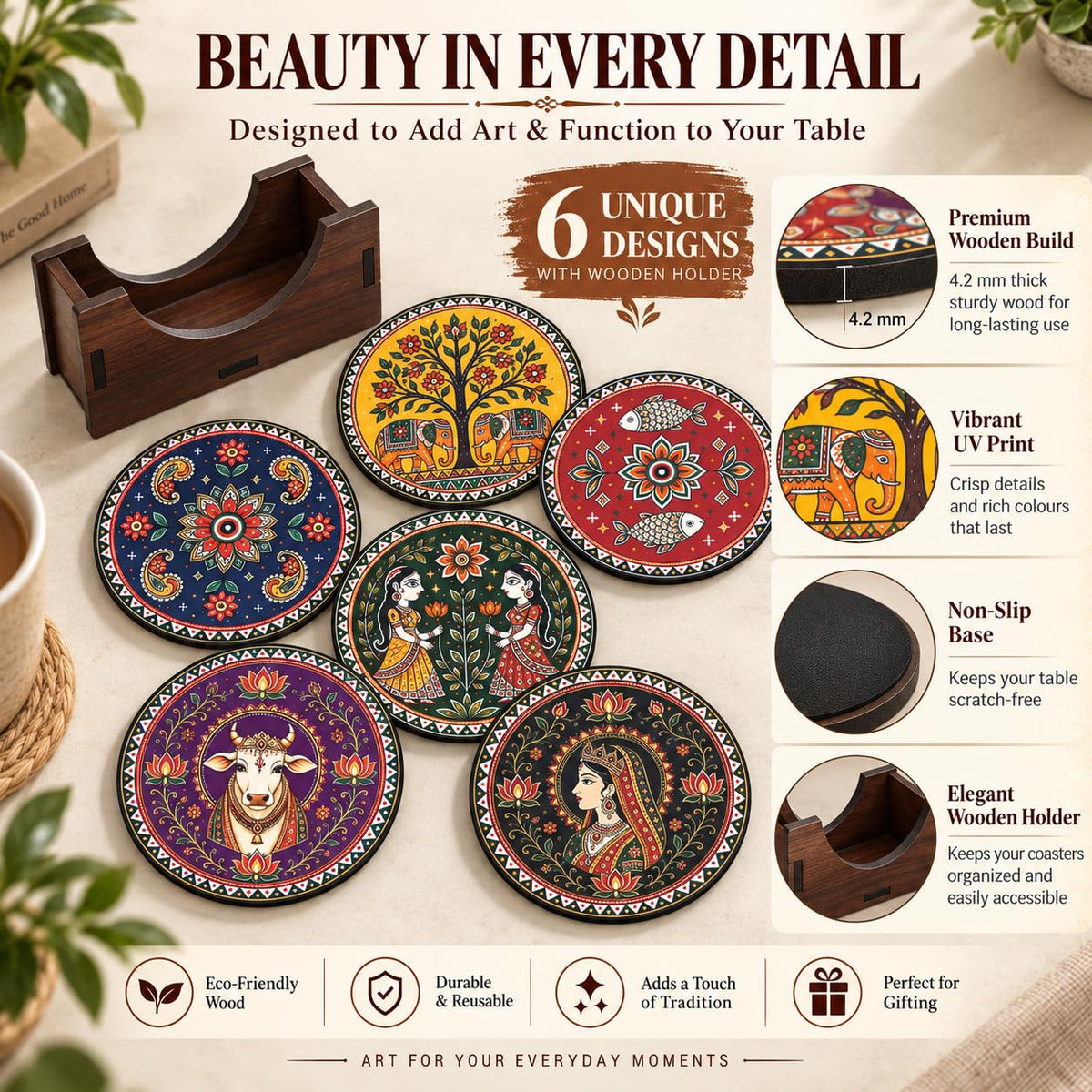 Indian Folk Art Tea Coasters Set of 6 with Wooden Stand – Round Printed Coasters for Cups, Mugs & Gifting, Multicolor