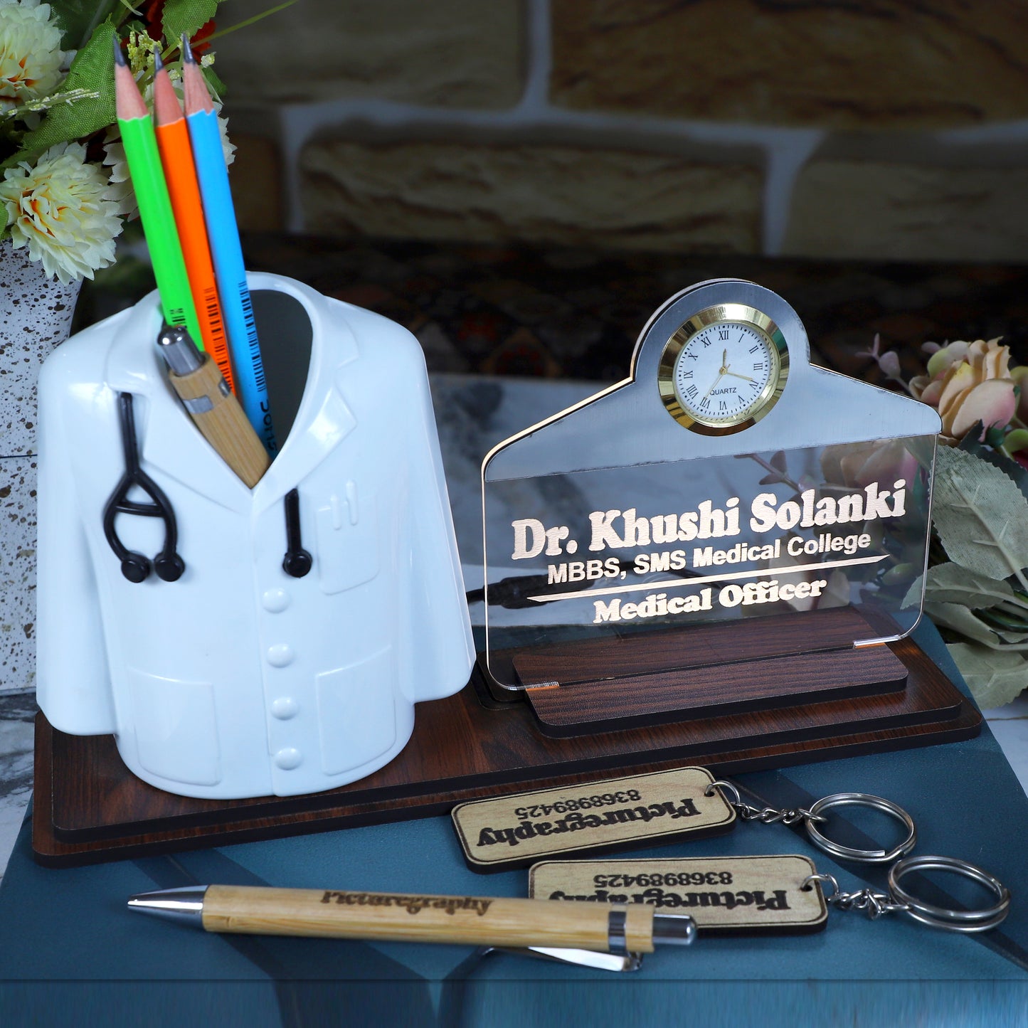 Doctor Coat Pen Stand with LED Name Plate, Clock & Wooden Base | Bamboo Pen & Personalized Wooden Keyring with Stylish Name Plate | Customized Desk Organizer for Doctors Medical Aspirants