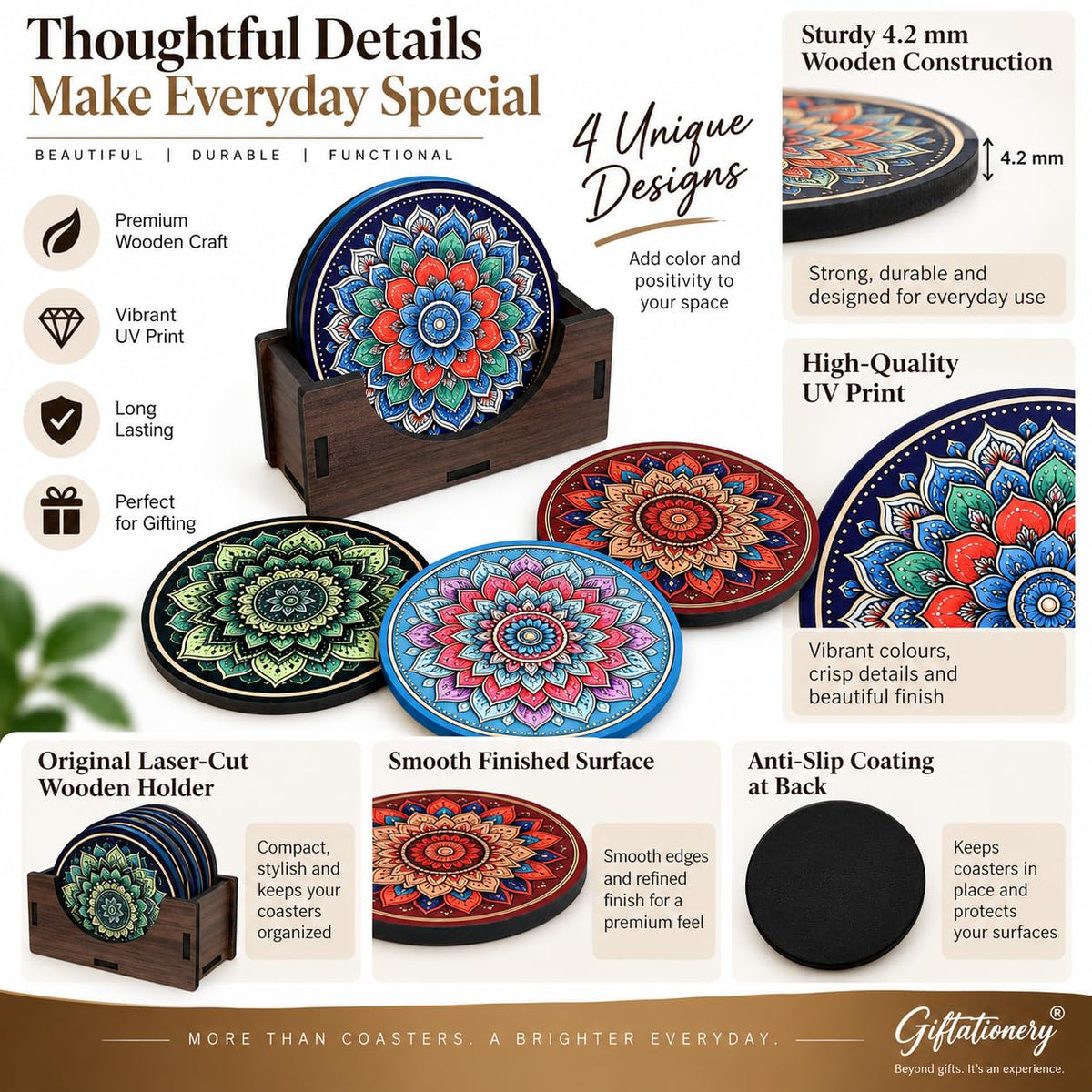 Mandala Tea Coasters Set of 4 with Wooden Stand – Round Printed Coasters for Cups, Mugs & Gifting, Multicolor