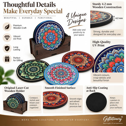 Mandala Tea Coasters Set of 4 with Wooden Stand – Round Printed Coasters for Cups, Mugs & Gifting, Multicolor