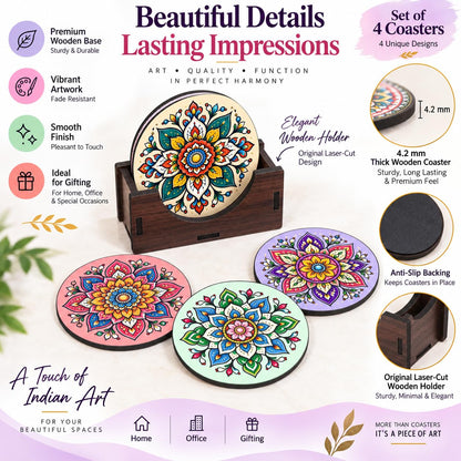 Pastel Mandala Tea Coasters Set of 4 with Wooden Stand – Round Printed Coasters for Cups, Mugs & Gifting, Multicolor
