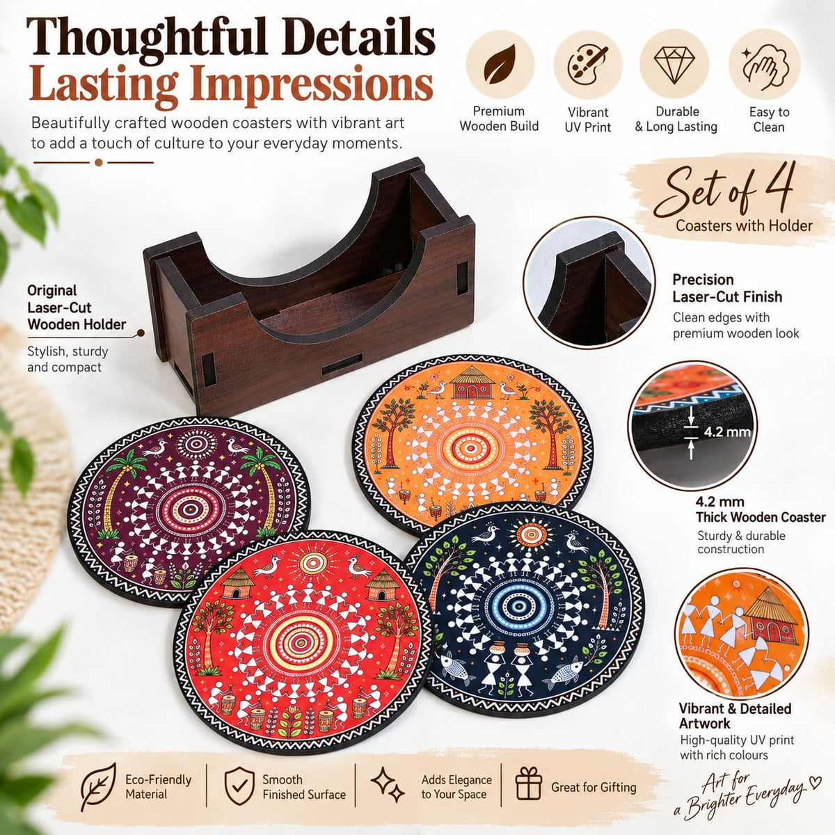 Warli Art Tea Coasters Set of 4 with Wooden Stand – Round Printed Coasters for Cups, Mugs & Gifting, Multicolor