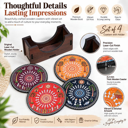 Warli Art Tea Coasters Set of 4 with Wooden Stand – Round Printed Coasters for Cups, Mugs & Gifting, Multicolor