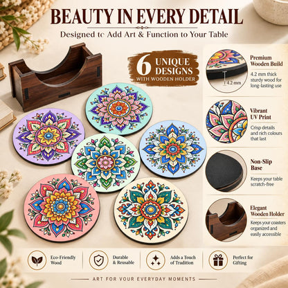 Pastel Mandala Tea Coasters Set of 6 with Wooden Stand – Round Printed Coasters for Cups, Mugs & Gifting, Multicolor