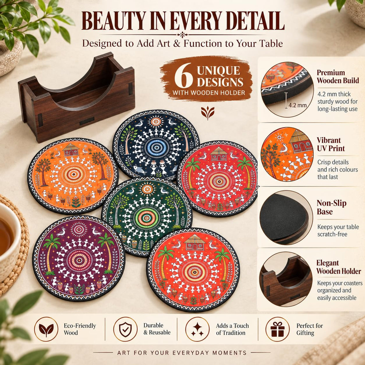 Warli Art Tea Coasters Set of 6 with Wooden Stand – Round Printed Coasters for Cups, Mugs & Gifting, Multicolor