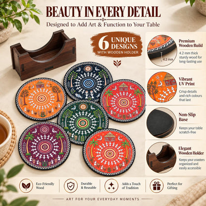 Warli Art Tea Coasters Set of 6 with Wooden Stand – Round Printed Coasters for Cups, Mugs & Gifting, Multicolor