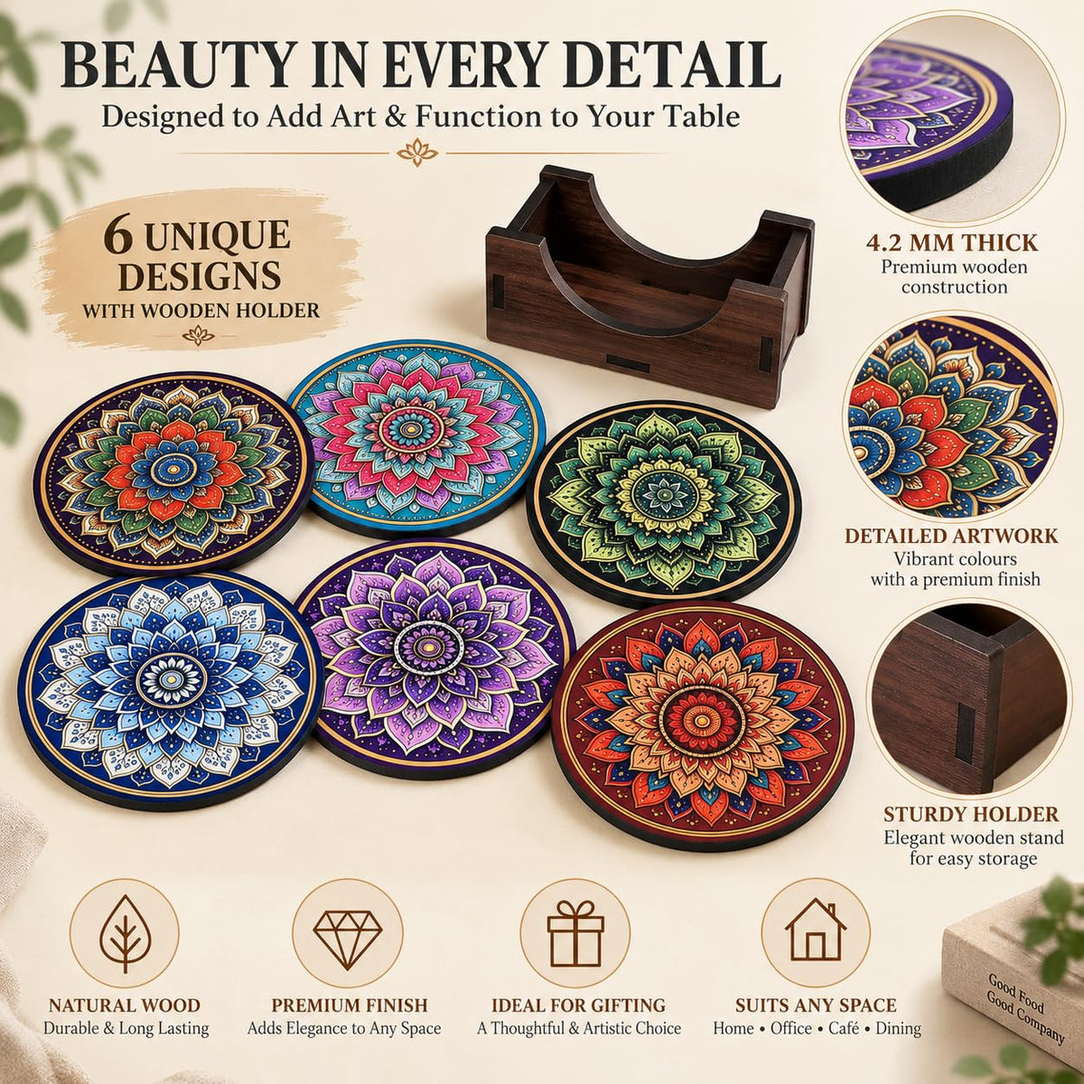 Mandala Tea Coasters Set of 6 with Wooden Stand – Round Printed Coasters for Cups, Mugs & Gifting, Multicolor