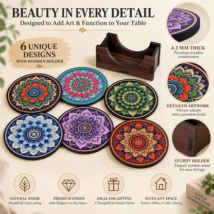 Mandala Tea Coasters Set of 6 with Wooden Stand – Round Printed Coasters for Cups, Mugs & Gifting, Multicolor