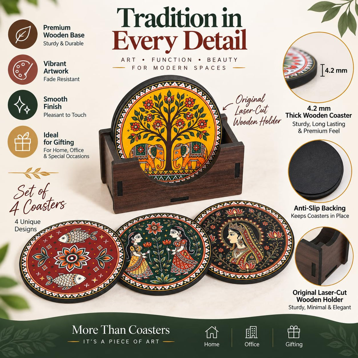 Indian Folk Art Tea Coasters Set of 4 with Wooden Stand – Round Printed Coasters for Cups, Mugs & Gifting, Multicolor