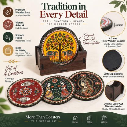 Indian Folk Art Tea Coasters Set of 4 with Wooden Stand – Round Printed Coasters for Cups, Mugs & Gifting, Multicolor
