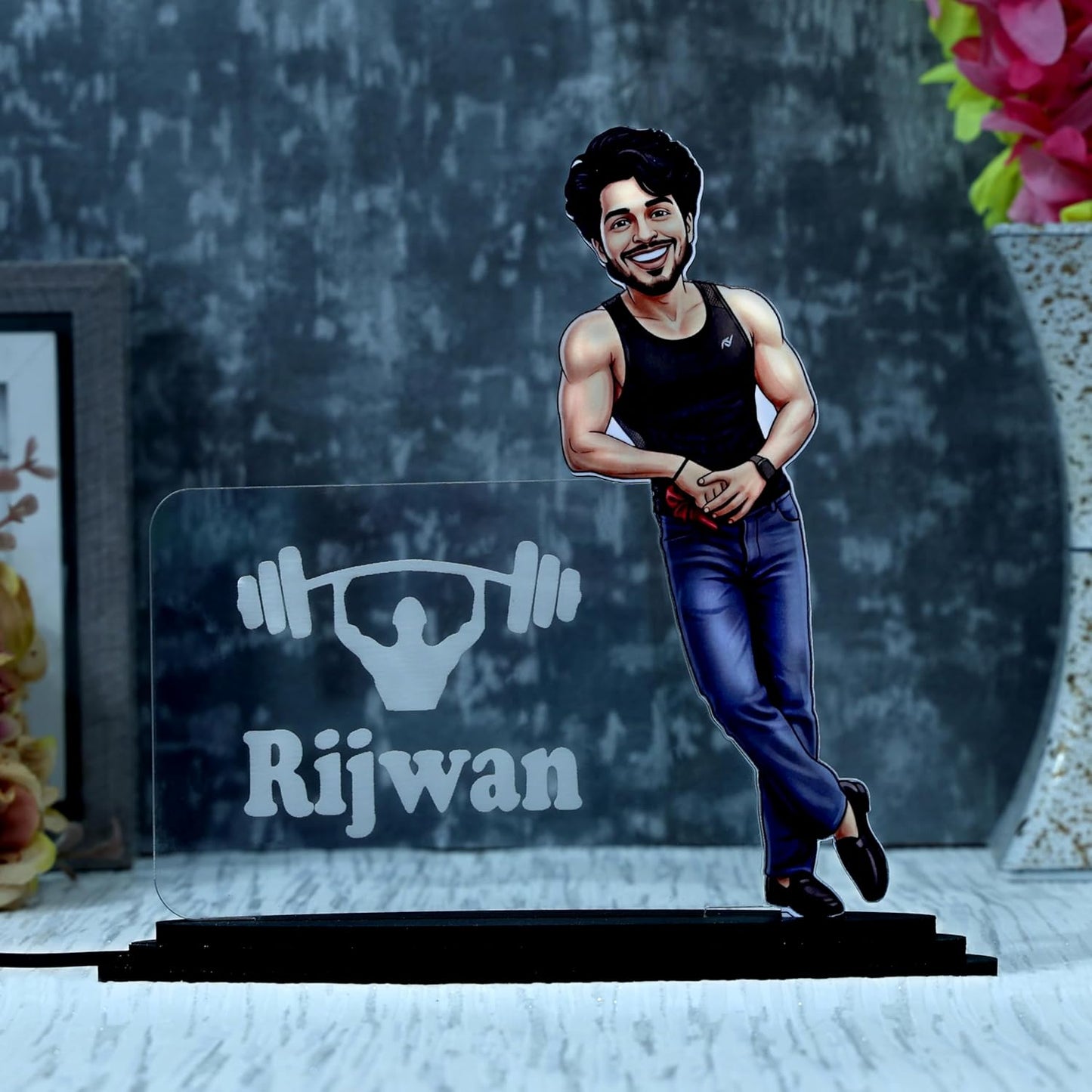 Personalized LED Caricature Name Plate for Men in Gym Sando Style | Custom Photo Bodybuilder Desk Decor Gift for Husband, Boyfriend & Brother
