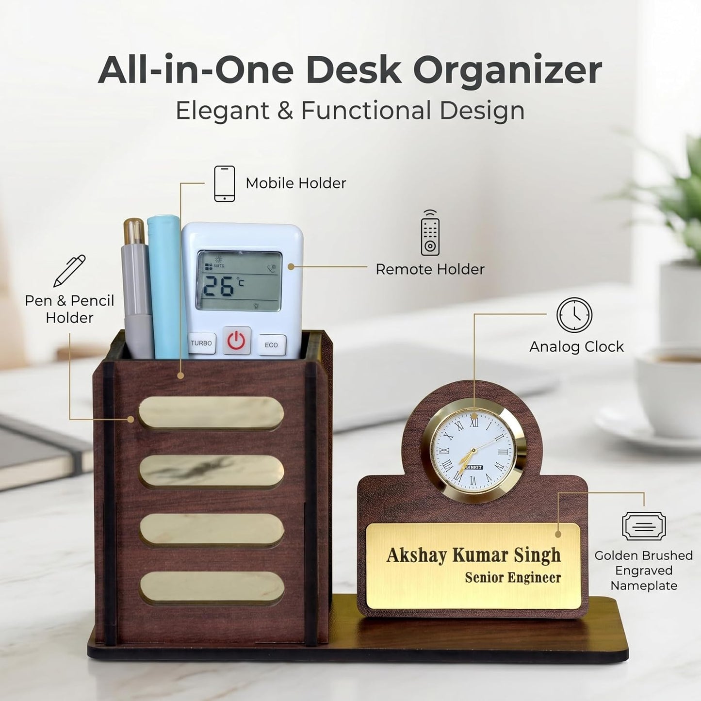 Personalized Wooden Desk Organizer with Clock & Name Plate | Executive Office Desk Pen Stand & Custom Gift
