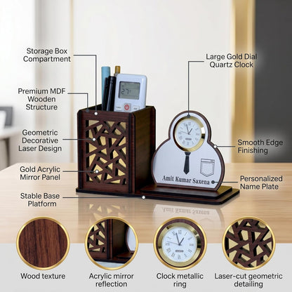 Personalized Wooden Desk Organizer with Clock & Shirt Name Plate | Office Table Organizer | Customised Gift for Men | Pen Stand Stationery Holder | Desktop Organizer Accessories - Shirt Brown