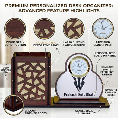Personalized Wooden Desk Organizer with Clock & Suit Name Plate | Corporate Gift for Professionals | Executive Office Table Organizer | Customised Pen Stand Holder | Desk Decor - Suit Brown