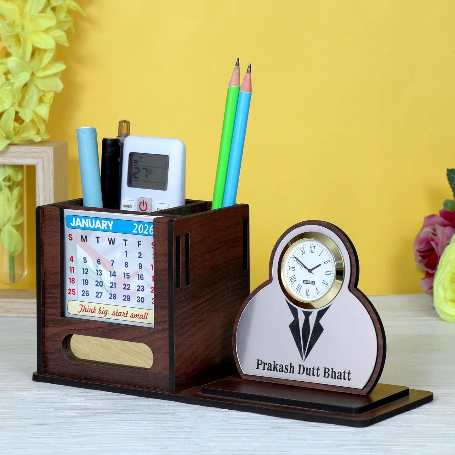Giftationery Pen Stand for Table with Wooden Desk Organiser, Table Clock, Pen Holder Wooden & Latest Calendar | Personalized Office Desk Organizer | Suit Brown