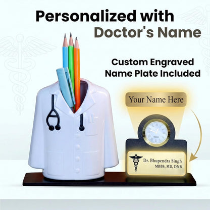 Giftationery Medical Theme Desk Organizer with clock - personalized gift to a doctor Pen Stand | Unique Apron/Coat Shape Pencil Holder | A gift to doctors female, male & Medical Aspirants
