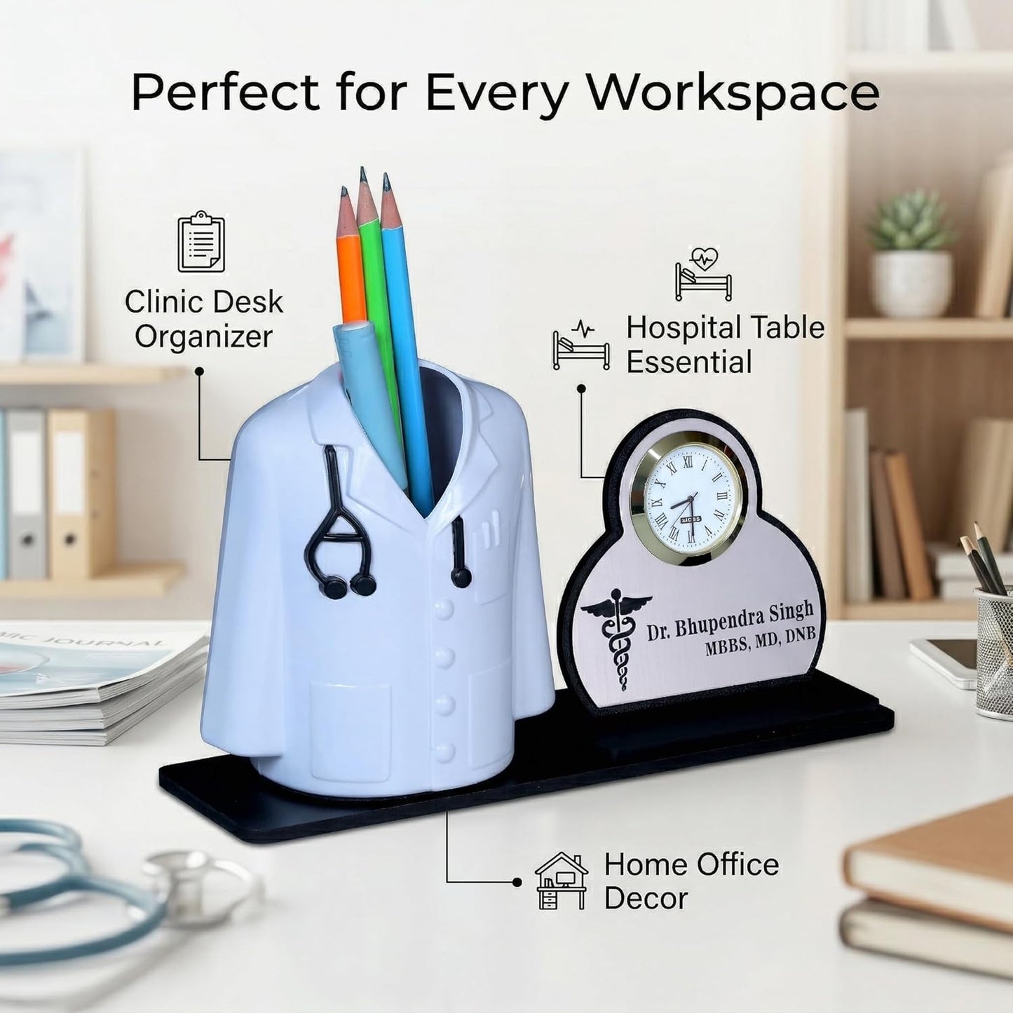 Giftationery Premium Apron/Coat Shape Pencil Holder for Clinic and Office Desk with clock | personalized gift for doctor Pen Stand | The best gift for doctors female, male & Medical Aspirants