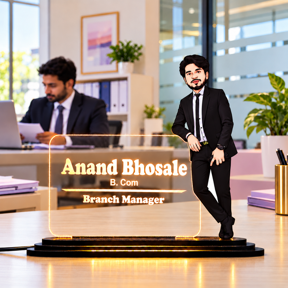 Personalized Professional Caricature LED Name Plate – Custom Photo Desk Nameplate for Office & Corporate Gifting