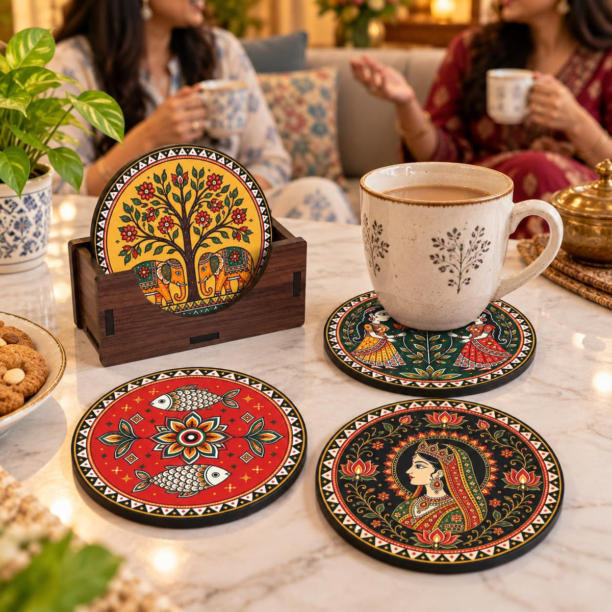 Indian Folk Art Tea Coasters Set of 4 with Wooden Stand – Round Printed Coasters for Cups, Mugs & Gifting, Multicolor