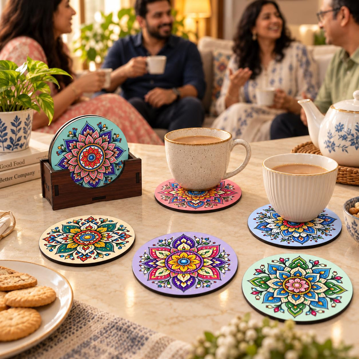 Pastel Mandala Tea Coasters Set of 6 with Wooden Stand – Round Printed Coasters for Cups, Mugs & Gifting, Multicolor