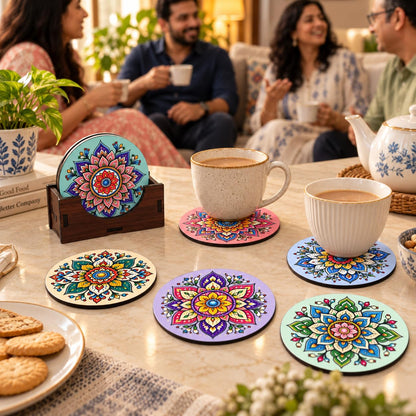 Pastel Mandala Tea Coasters Set of 6 with Wooden Stand – Round Printed Coasters for Cups, Mugs & Gifting, Multicolor