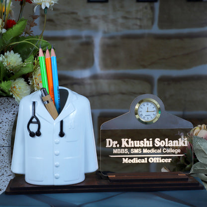 Doctor Coat Pen Stand with LED Name Plate, Clock & Wooden Base | Customized Desk Organizer for Doctors & Medical Aspirants | Apron Shape Pencil Holder with Stylish Name Engraved Plate