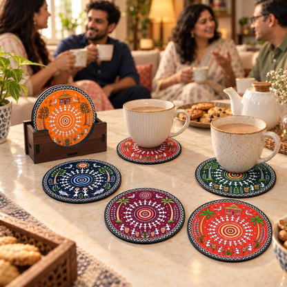 Warli Art Tea Coasters Set of 6 with Wooden Stand – Round Printed Coasters for Cups, Mugs & Gifting, Multicolor